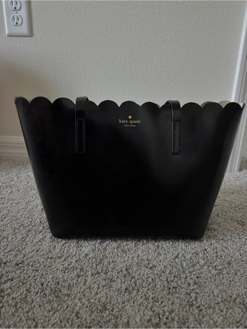 kate spade Black Scalloped-Edge Leather Tote with Gold Logo